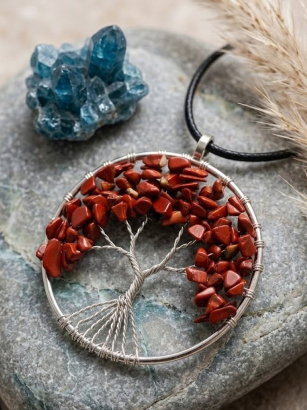 Red Jasper Tree of Life Pendant Silver Wire Wrapped Boho Gemstone Necklace
